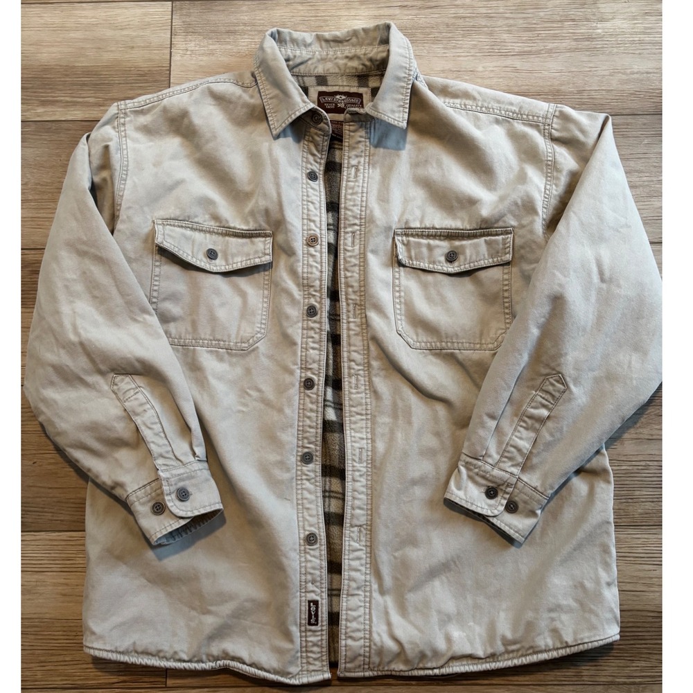 Levis Mens Canvas Shirt Jacket Tan Fleece Lined Plaid Workwear Shacket Large - Picture 1 of 7